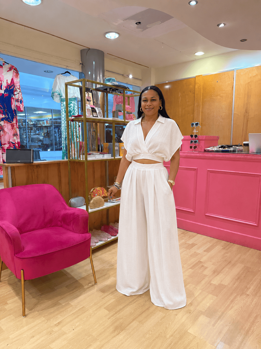 Collared Wrap Top & Wide-Leg Pants Set (White)