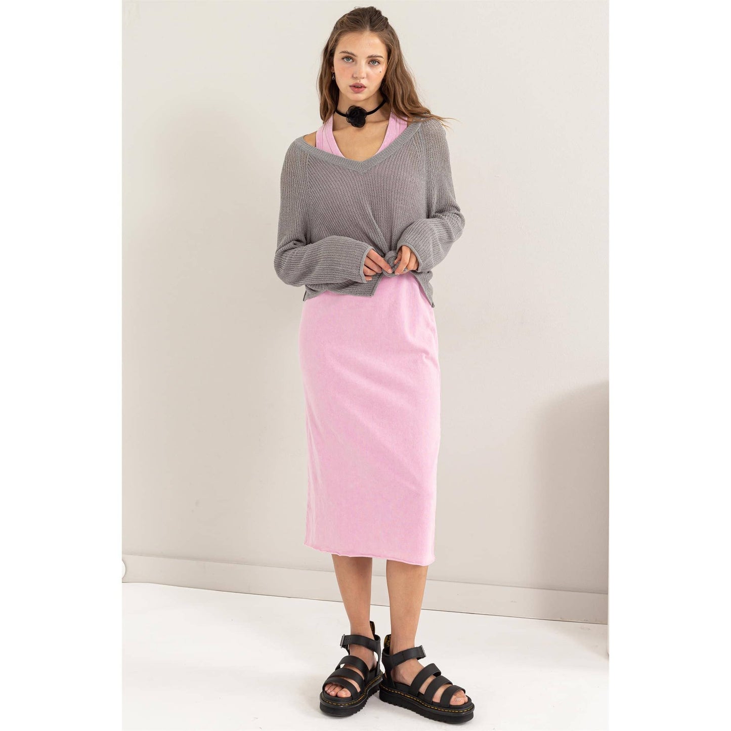 Sleeveless Shift Midi Dress (Pink)