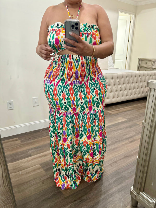 Abstract Print Tiered Maxi Dress (Green Multi)