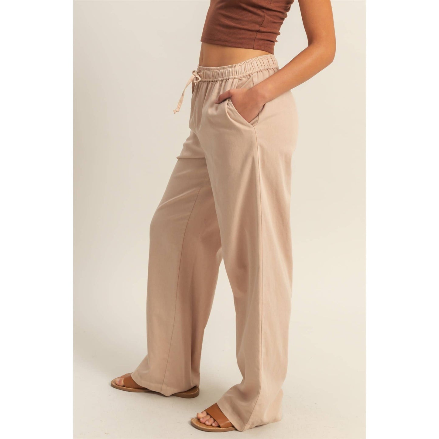 Drawstring Waist Straight Leg Pants (DARK TAUPE)