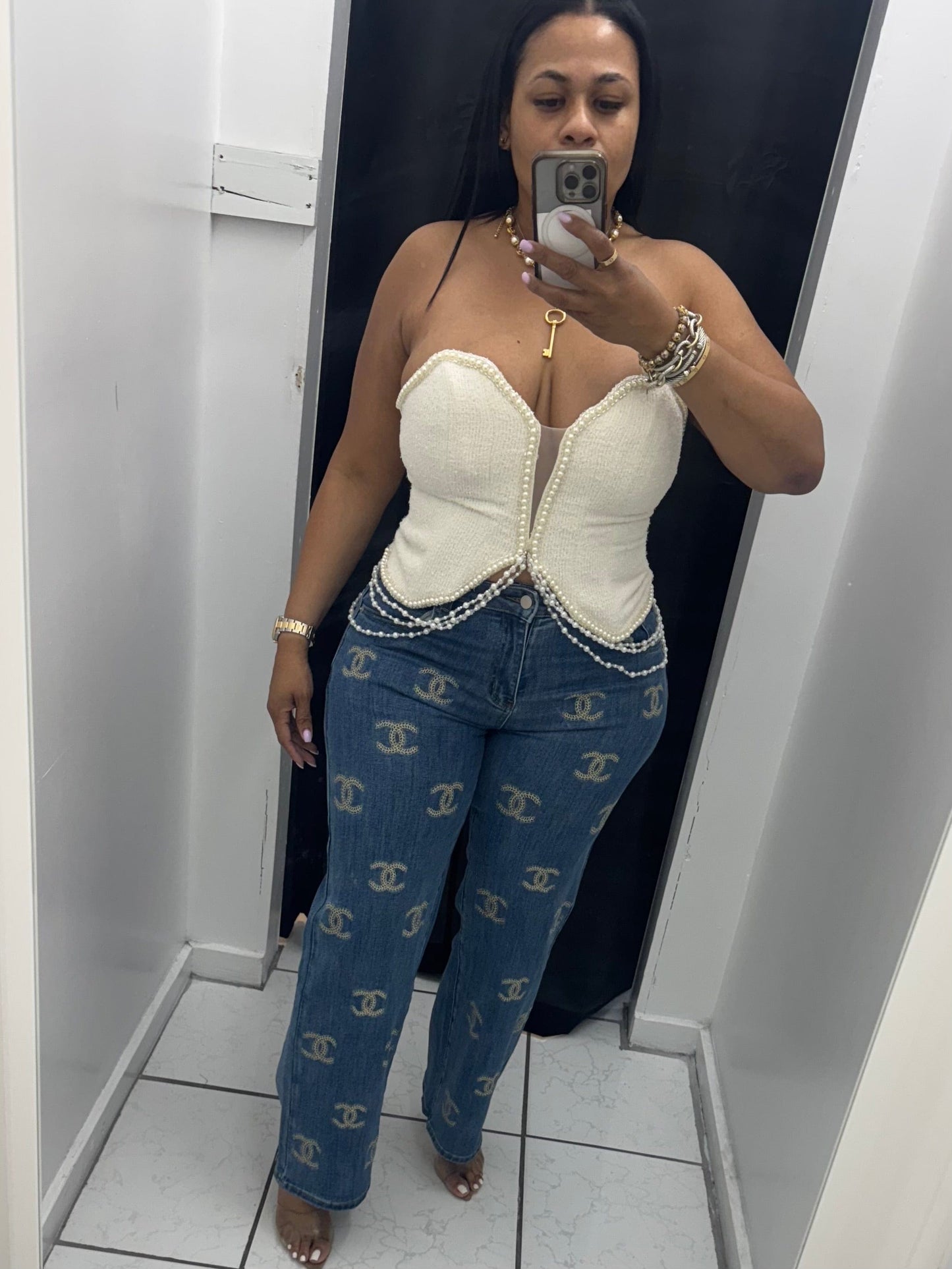 Twill Pearl Bustier (Cream)