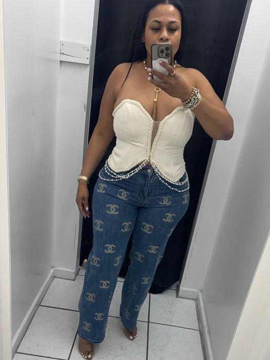 Twill Pearl Bustier (Cream)
