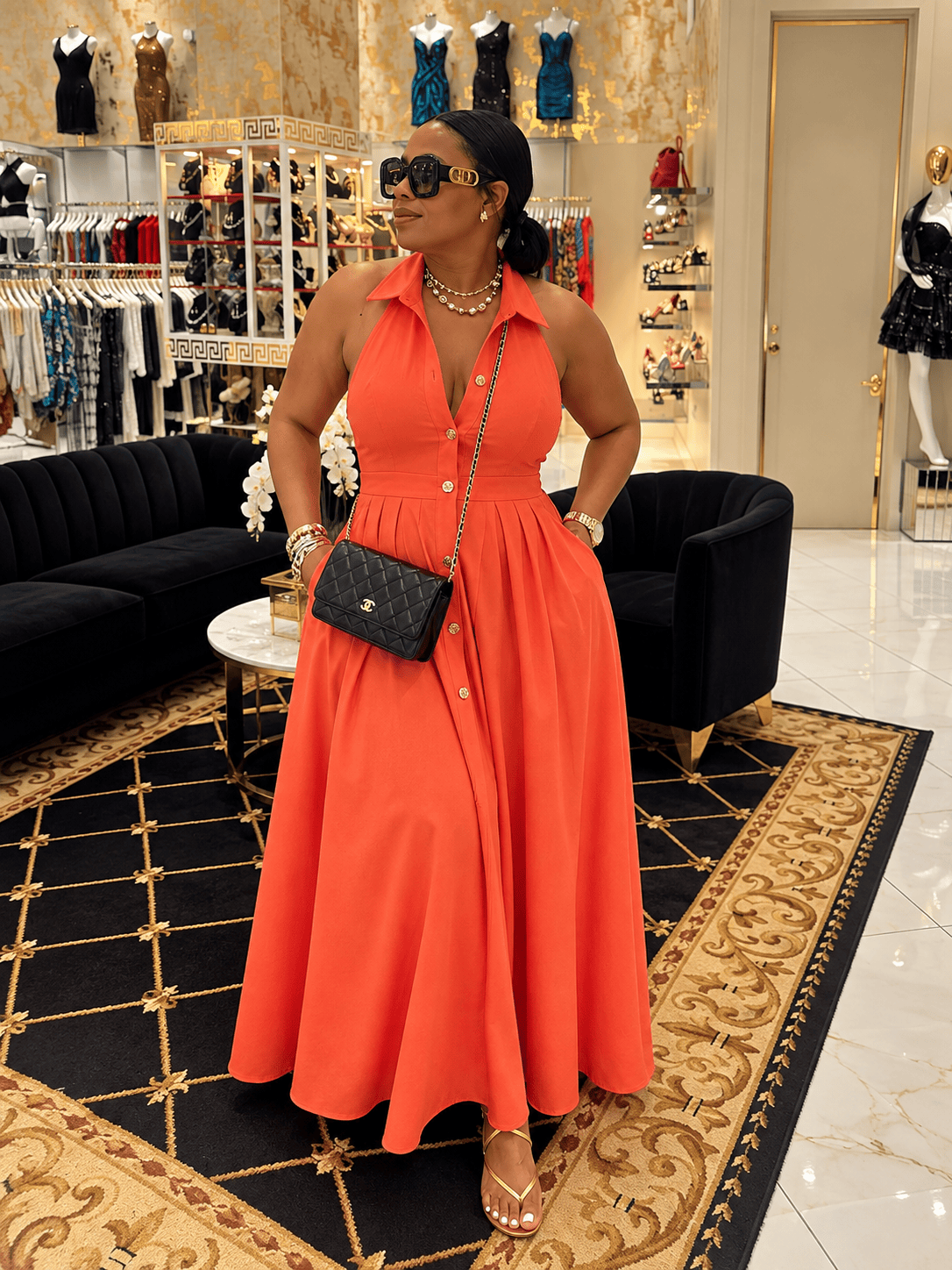 Halter Pleated Dress (Orange)