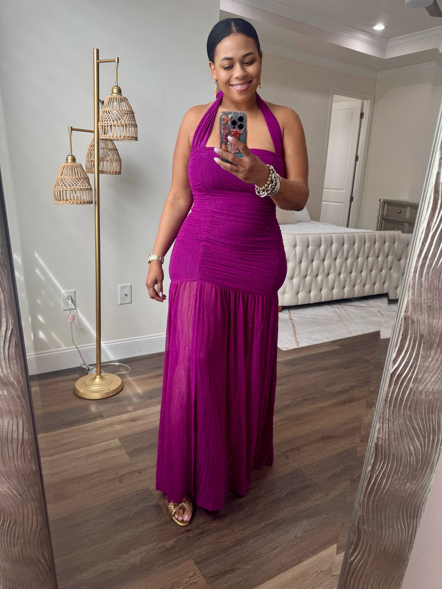 RUCHED MESH HALTER DRESS (Violet)