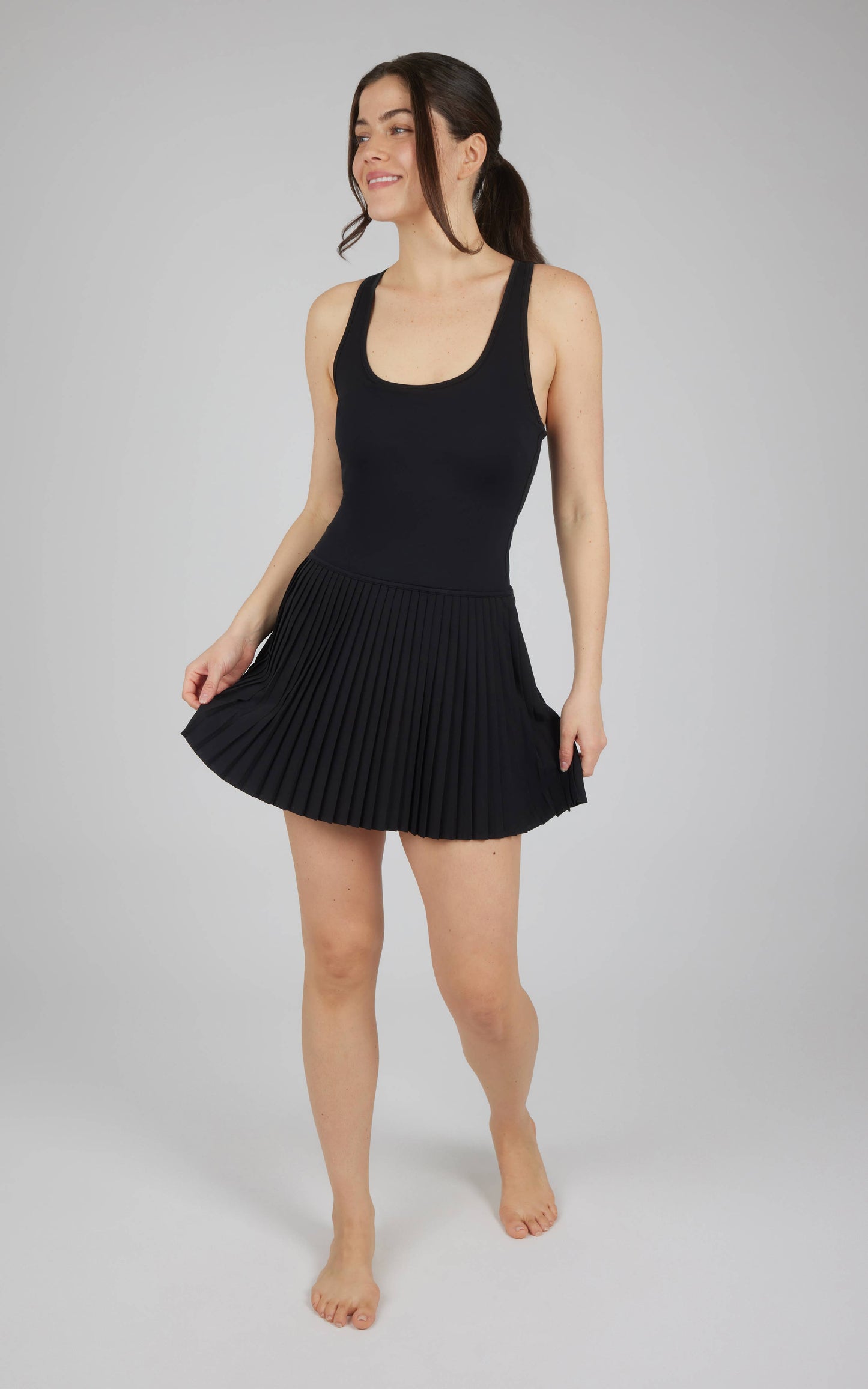 Women's Lux Racer Back Mini Pleated Tennis Dress with Cups (Black)
