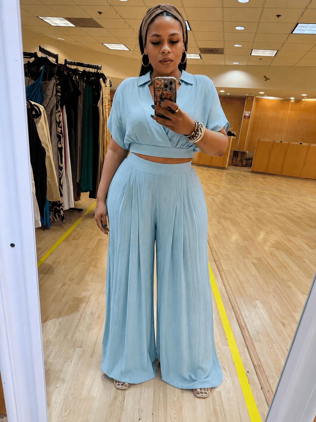 Collared Wrap Top & Wide-Leg Pants Set (Baby Blue)