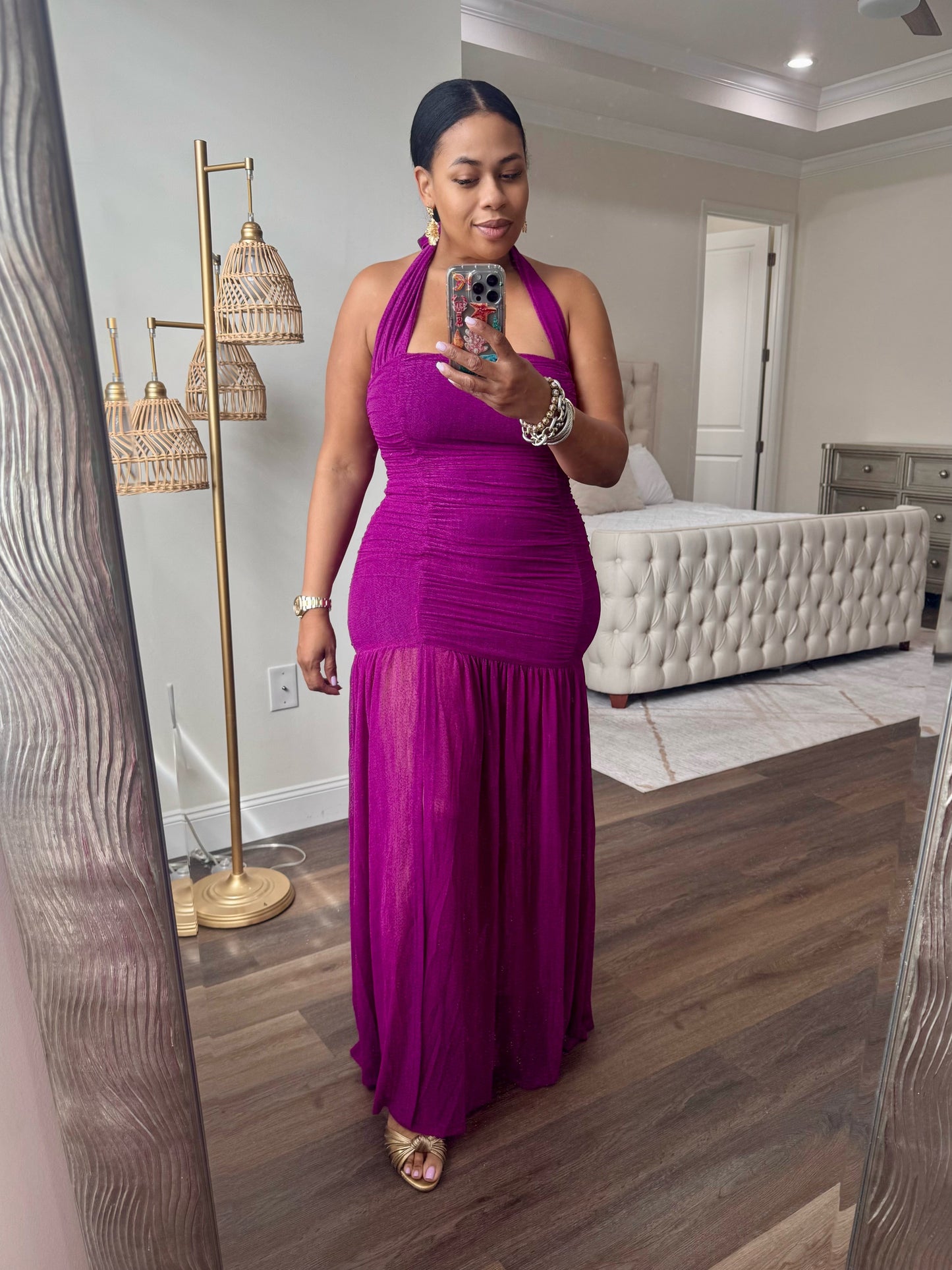 RUCHED MESH HALTER DRESS (Violet)