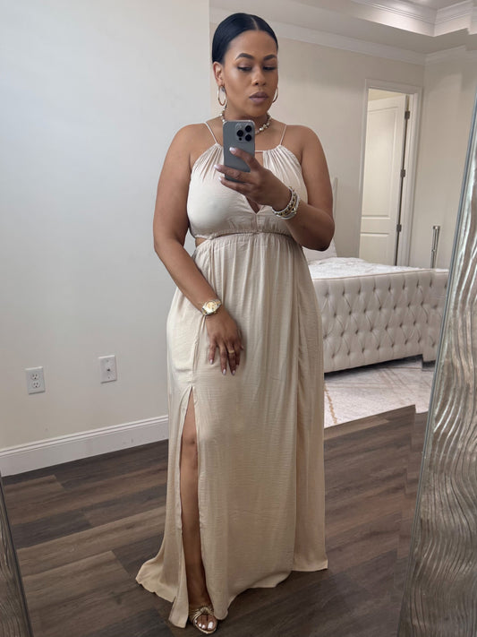 Side Cutout Side Slit Maxi Dress (Tan)