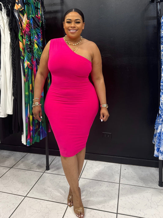 One Shoulder Midi Dress (NEON FUCHSIA)