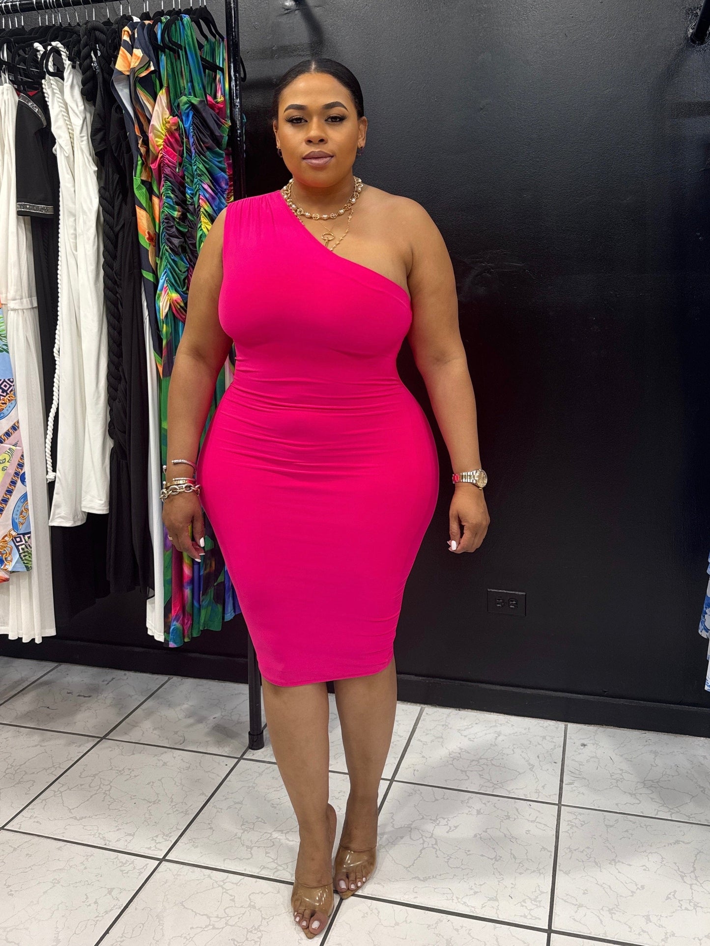 One Shoulder Midi Dress (NEON FUCHSIA)