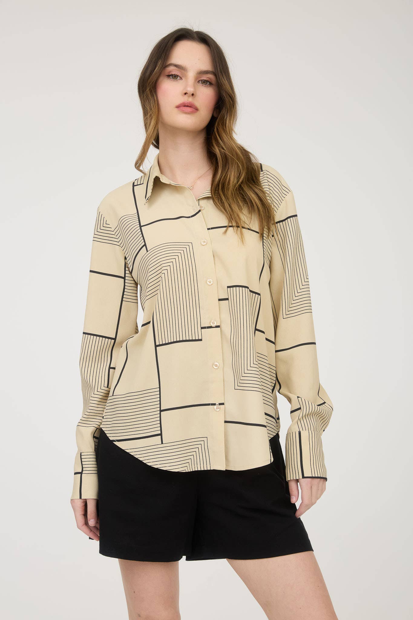 GEO PATTERN COLLARED LONG SLEEVE BUTTON DOWN SHIRT