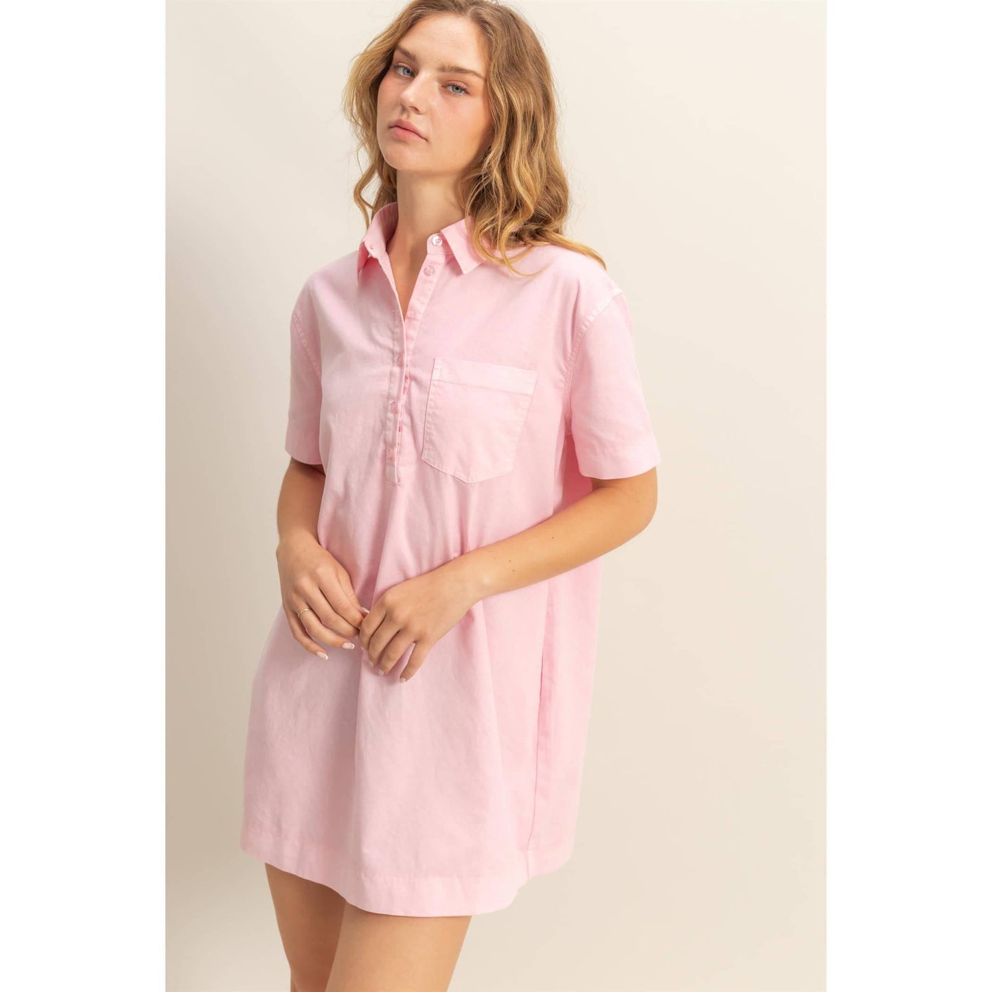 Half Button Up Short Sleeve Mini Dress (CREAM)