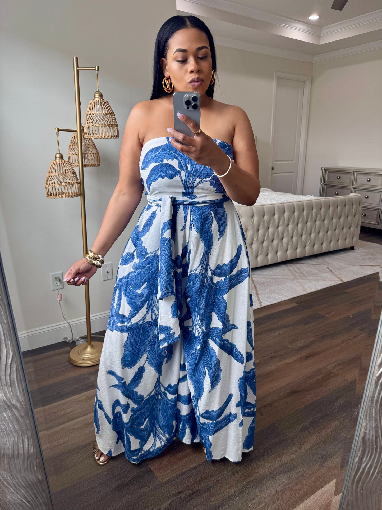 Printed Tie-Back Jumpsuit (Blue & White)