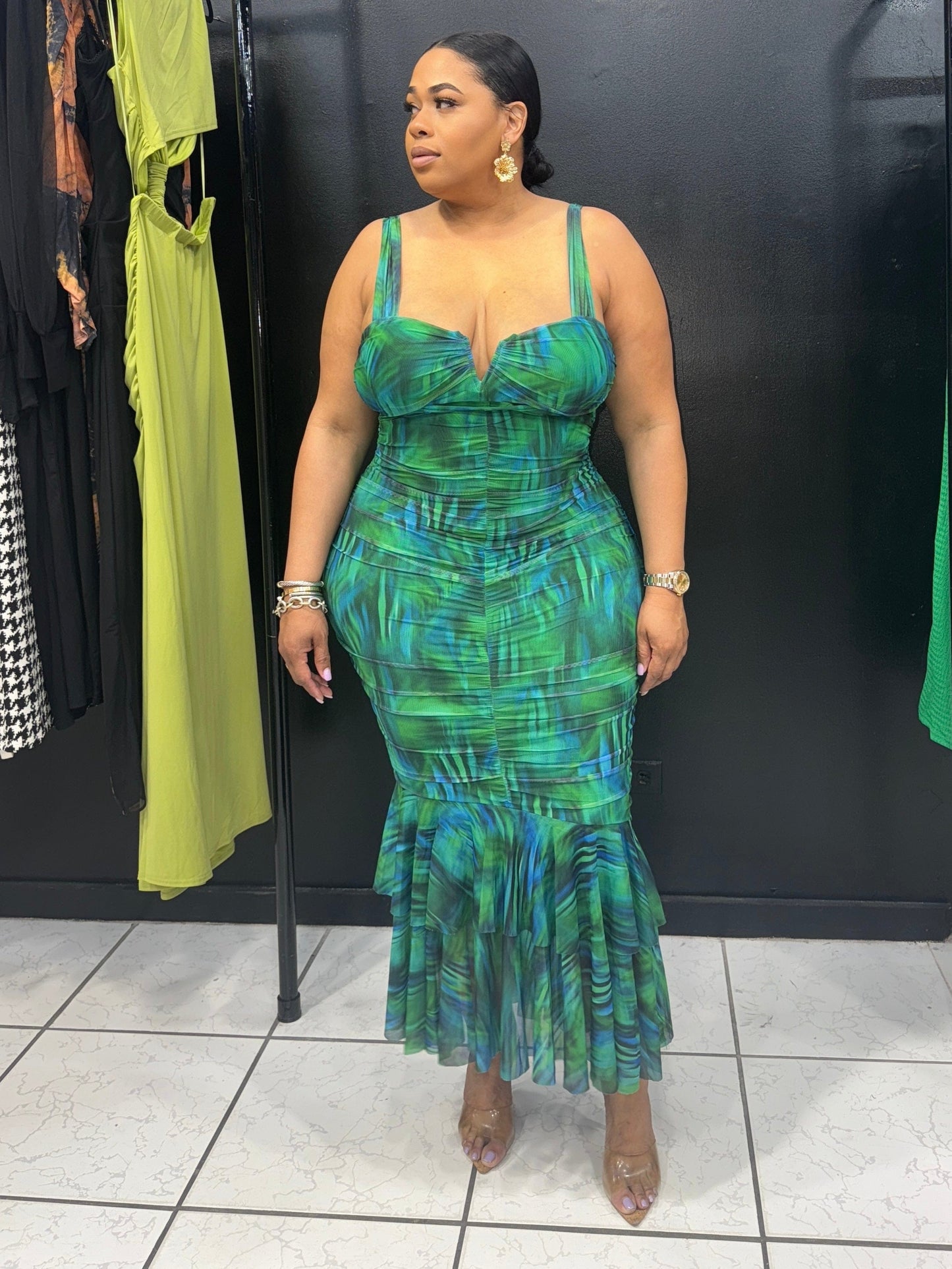 Ruched Printed Green And Navy Ruffle Dress