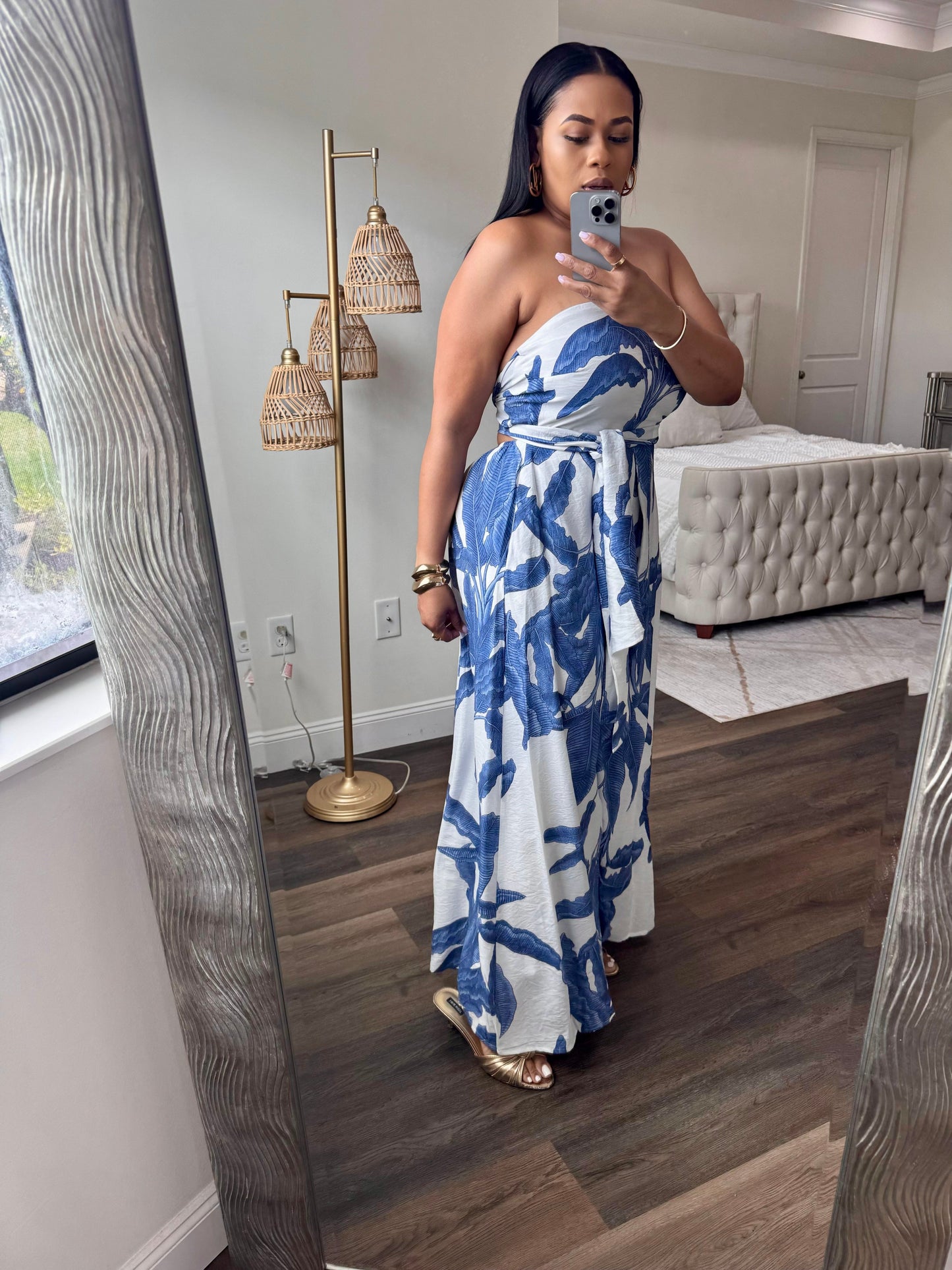 Printed Tie-Back Jumpsuit (Blue & White)