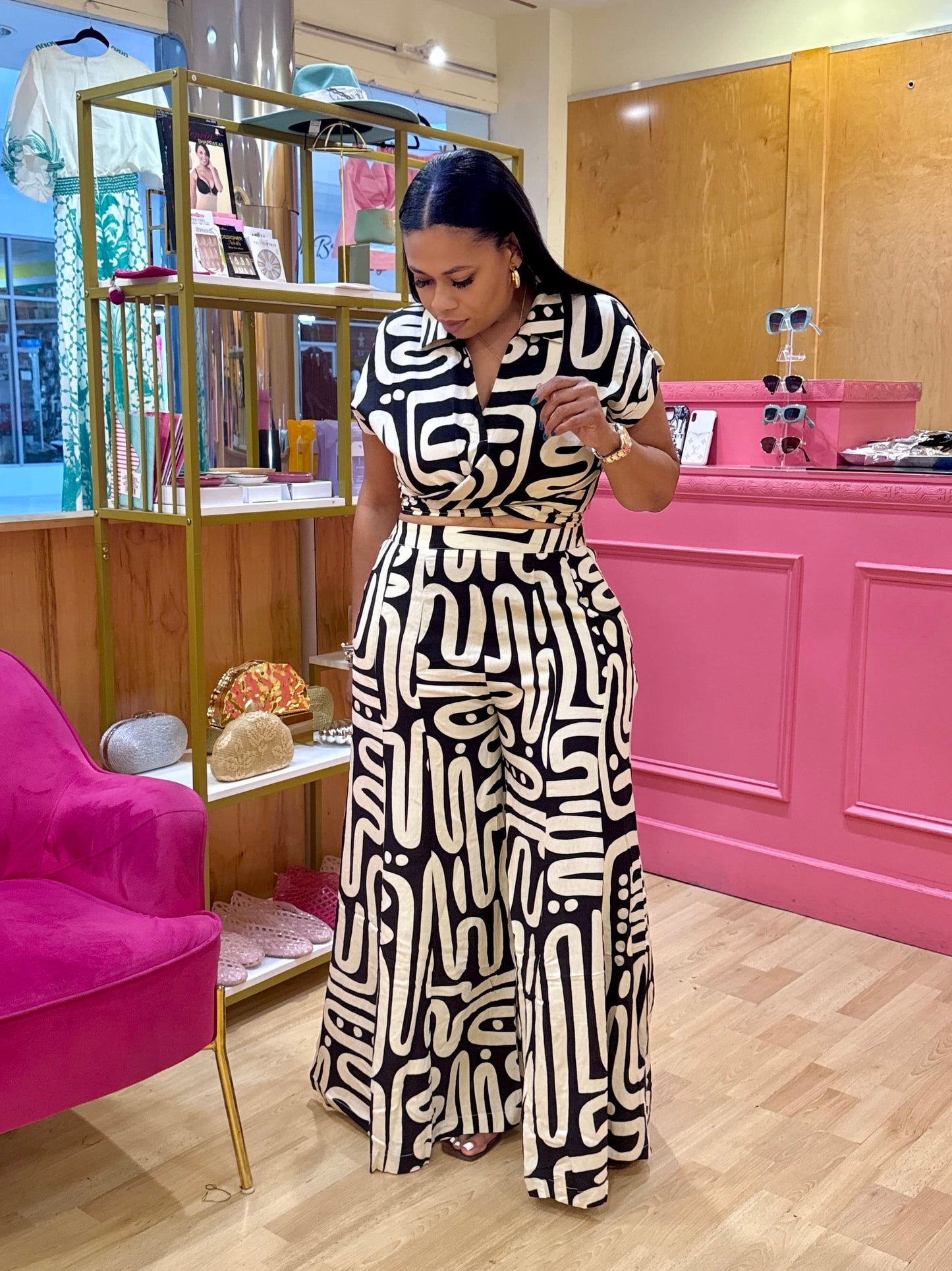 PRINTED PLEATED LONG PANTS SET (BLACK & WHITE)