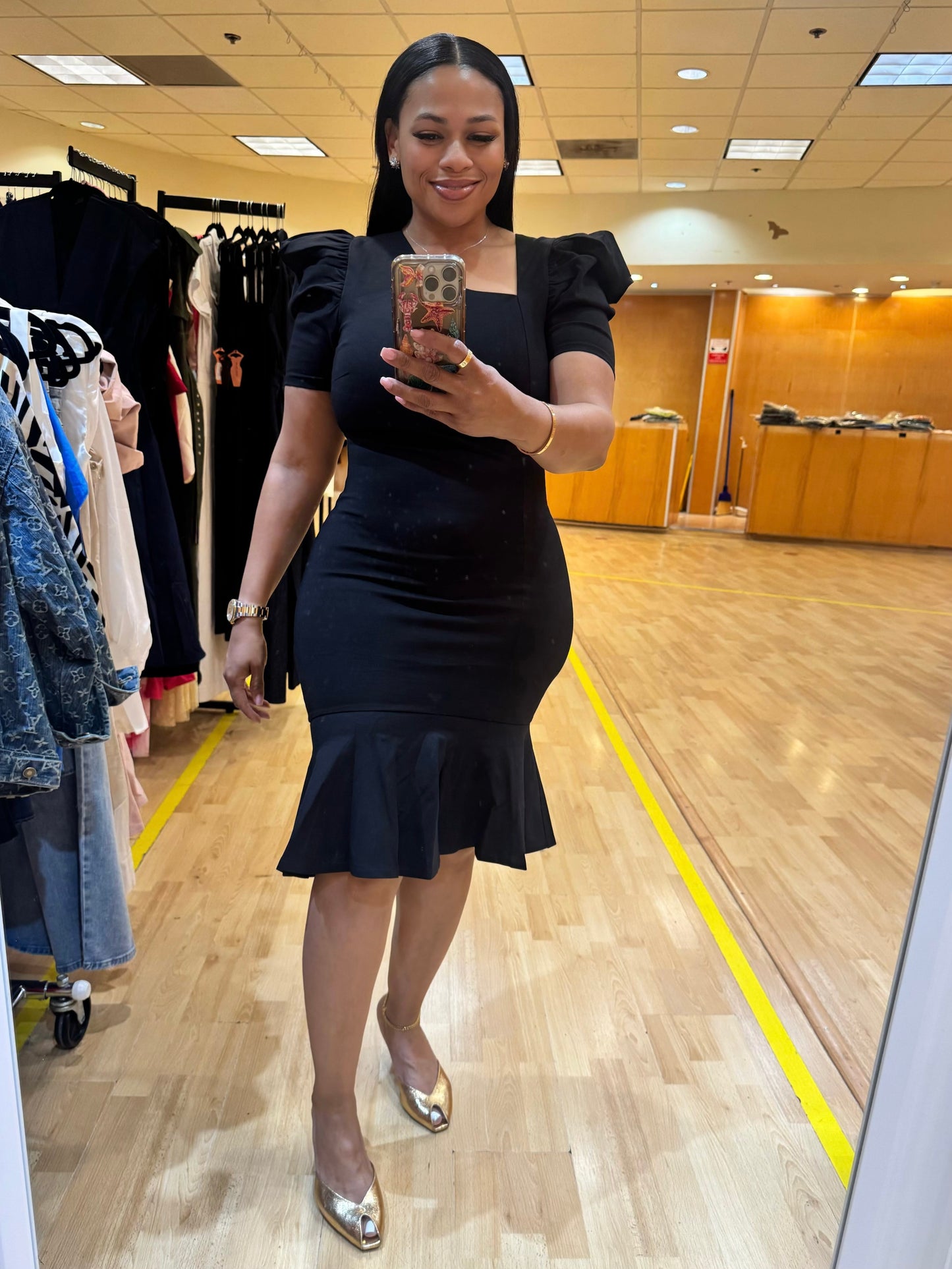 PUFF SLEEVE MERMAID MIDI DRESS (BLACK)