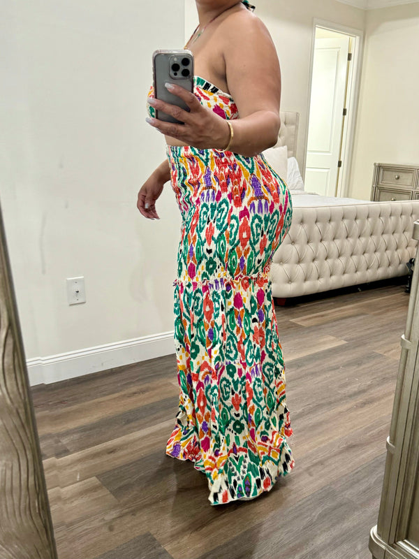 Abstract Print Tiered Maxi Dress (Green Multi)