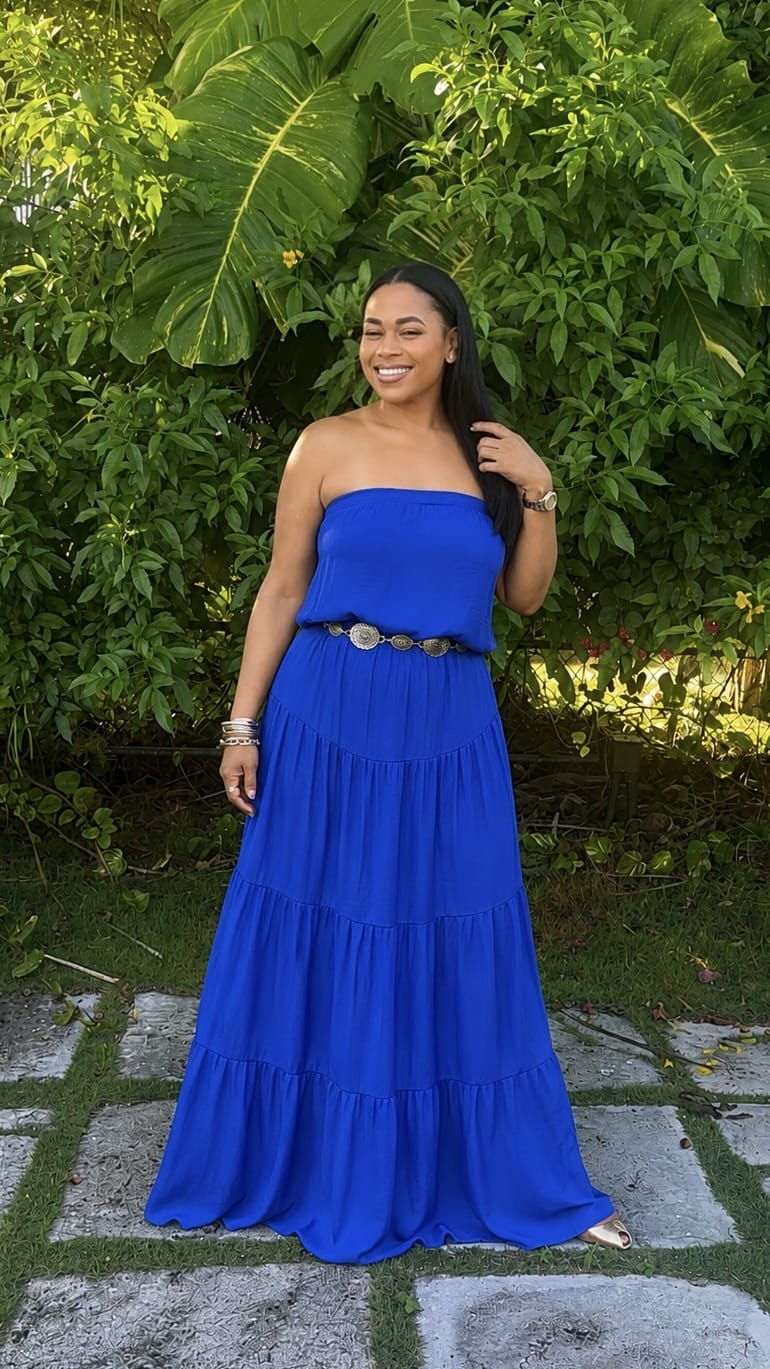 Maxi Tiered Tube Dress With Elasticized Waist (Royal Blue) M