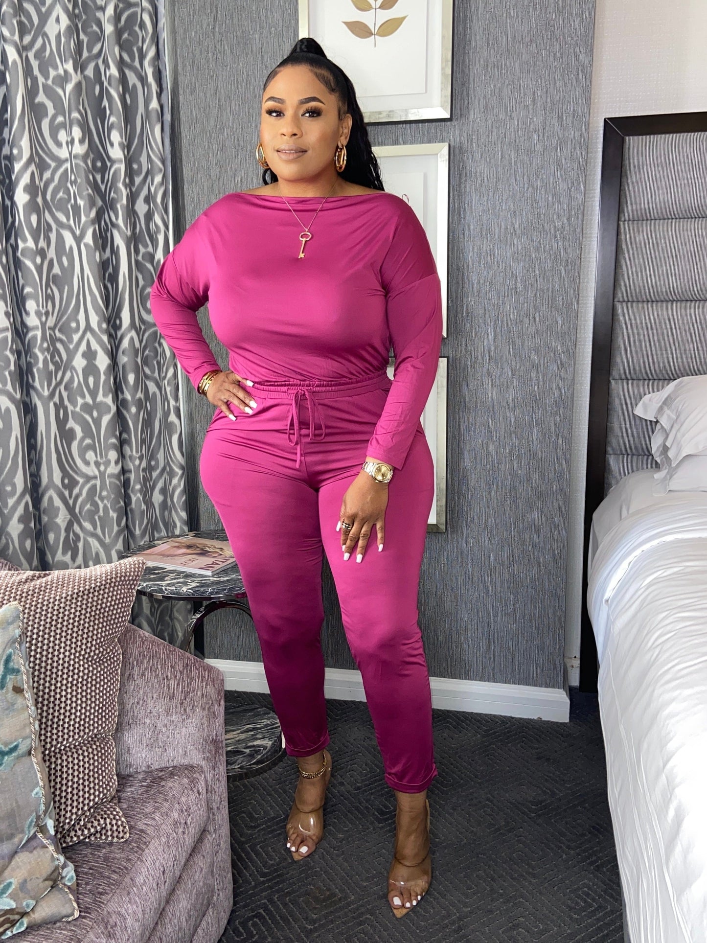 Jen Off The Shoulder Pencil Leg Jumpsuit With Sleeves “Magenta”