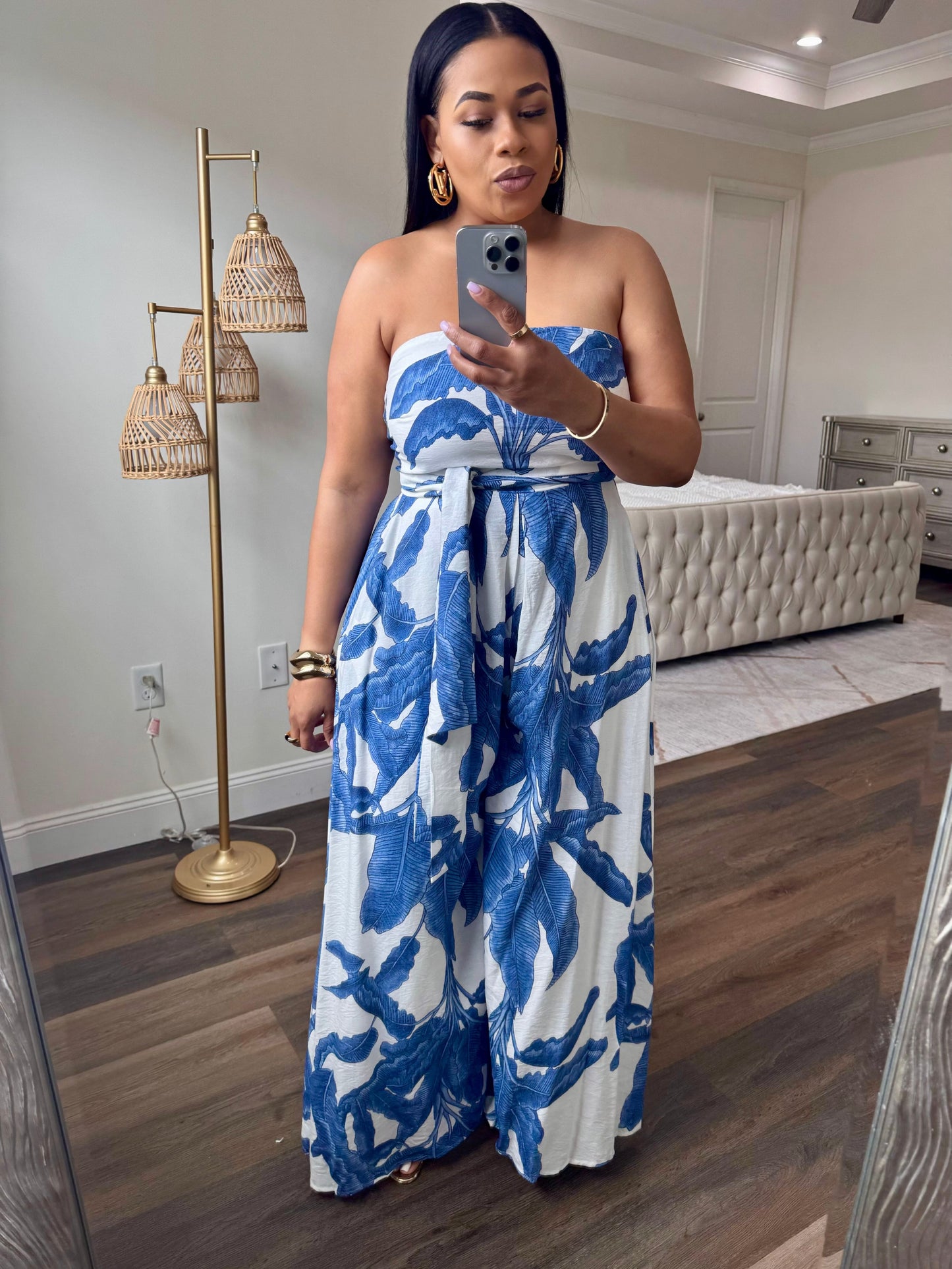 Printed Tie-Back Jumpsuit (Blue & White)