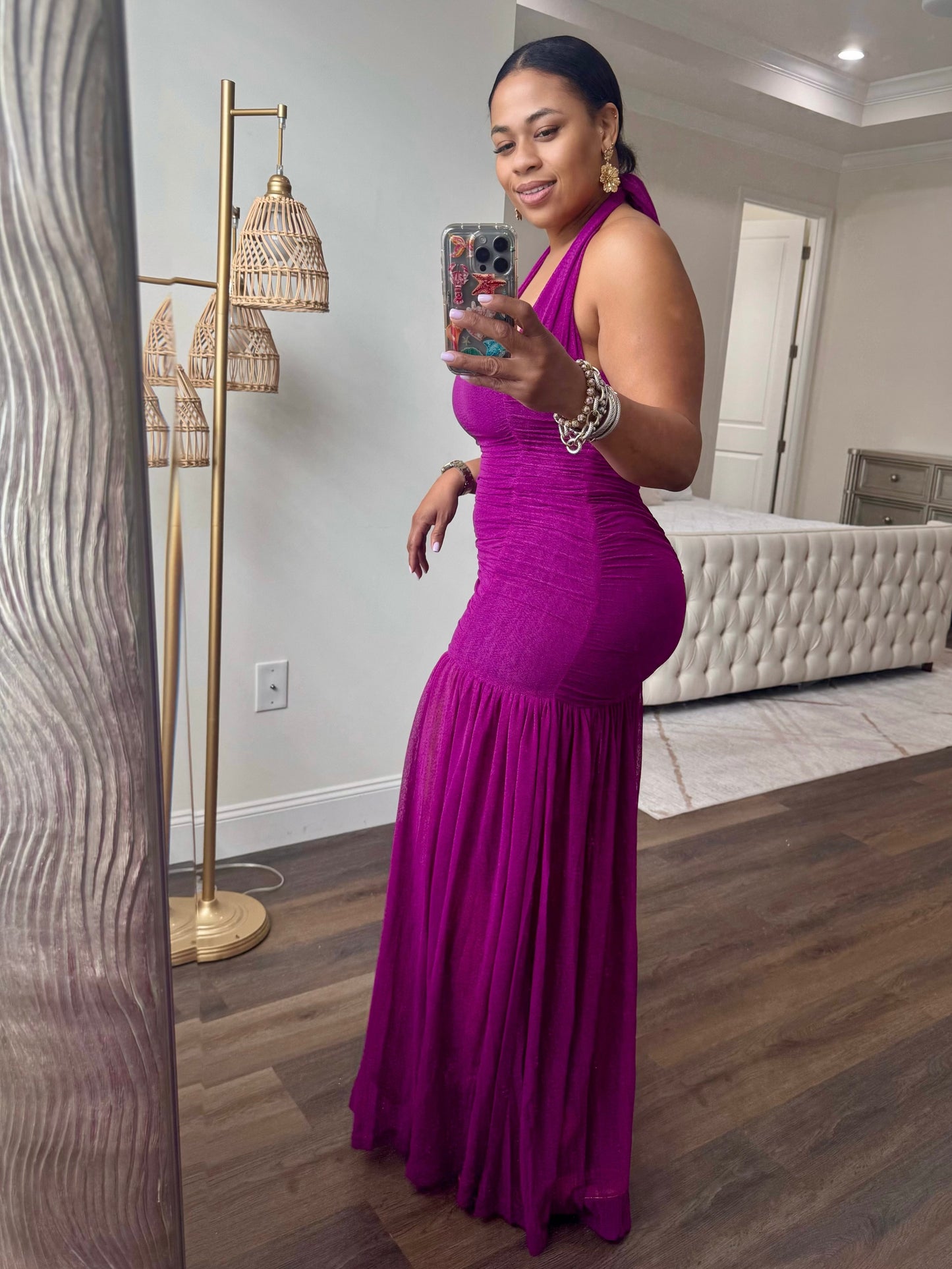RUCHED MESH HALTER DRESS (Violet)