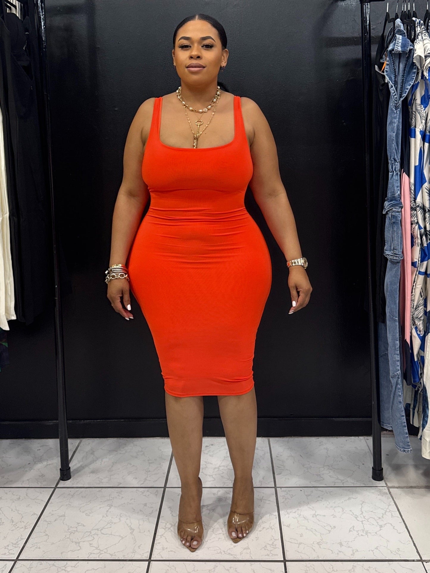 Tank Double Layer Midi Dress (ORANGE)