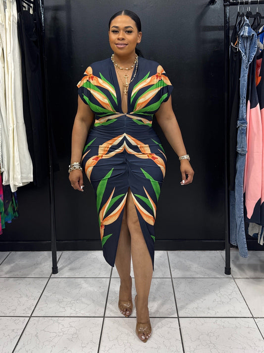 Printed deep V-neck pleats midi dress (GREEN/NAVY)