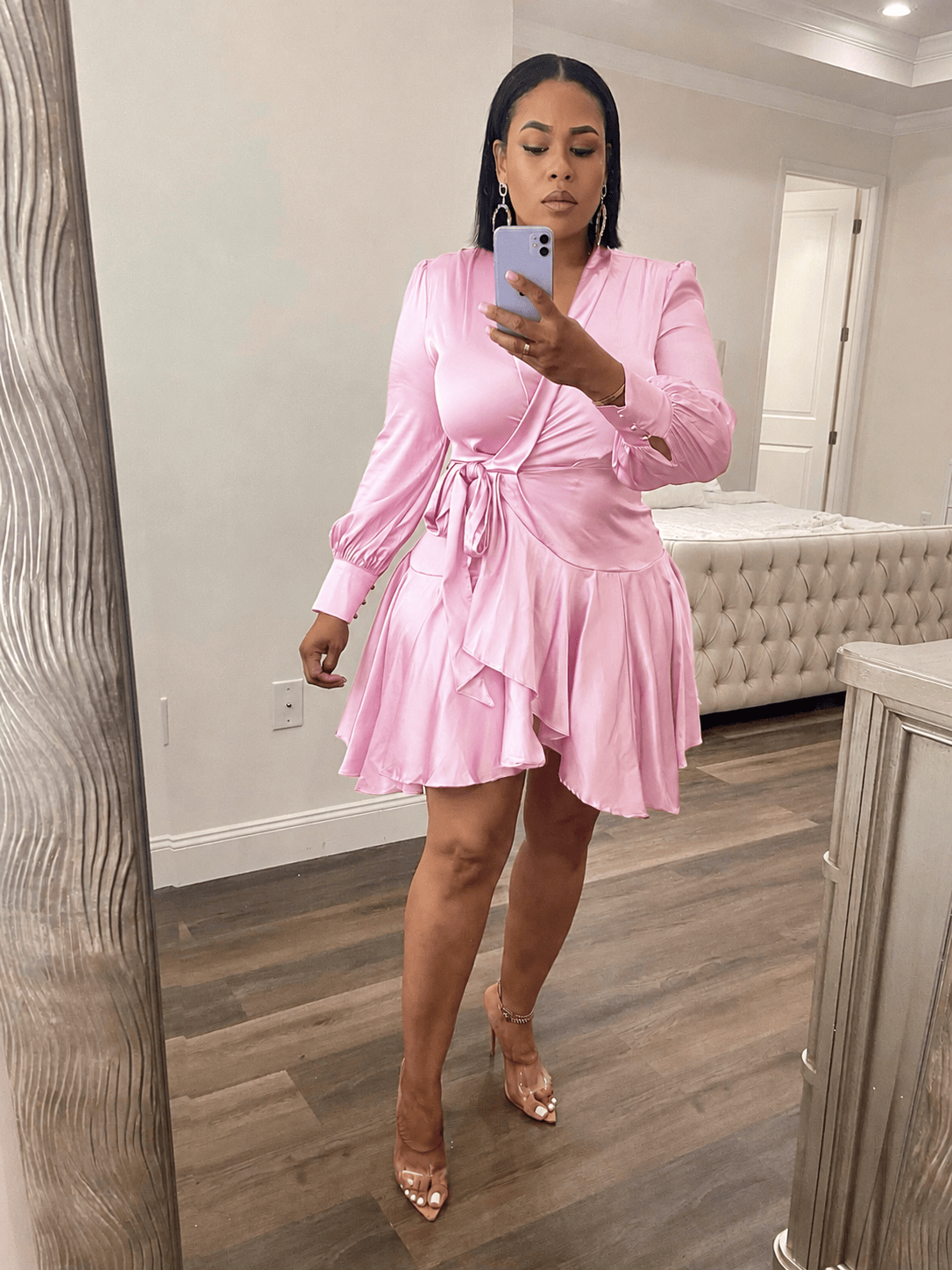 Satin Wrap Dress (Pink)