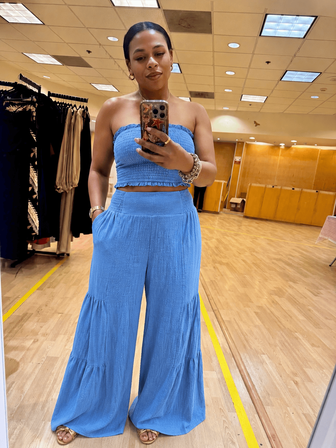 Smocked Tube Crop Top with Wide Leg Pants Set