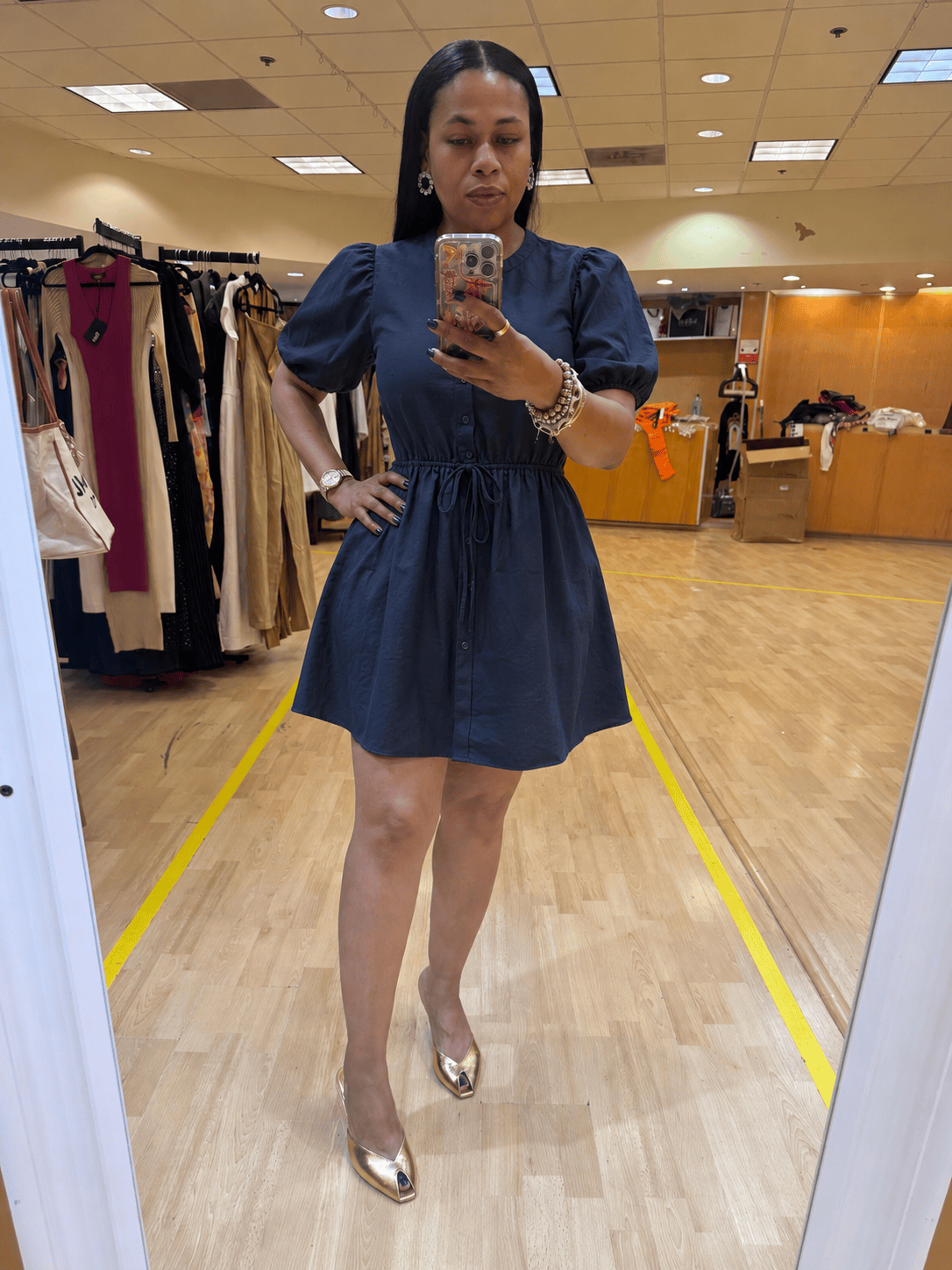 Justify Puff Sleeve BabyDoll Dress (Navy)