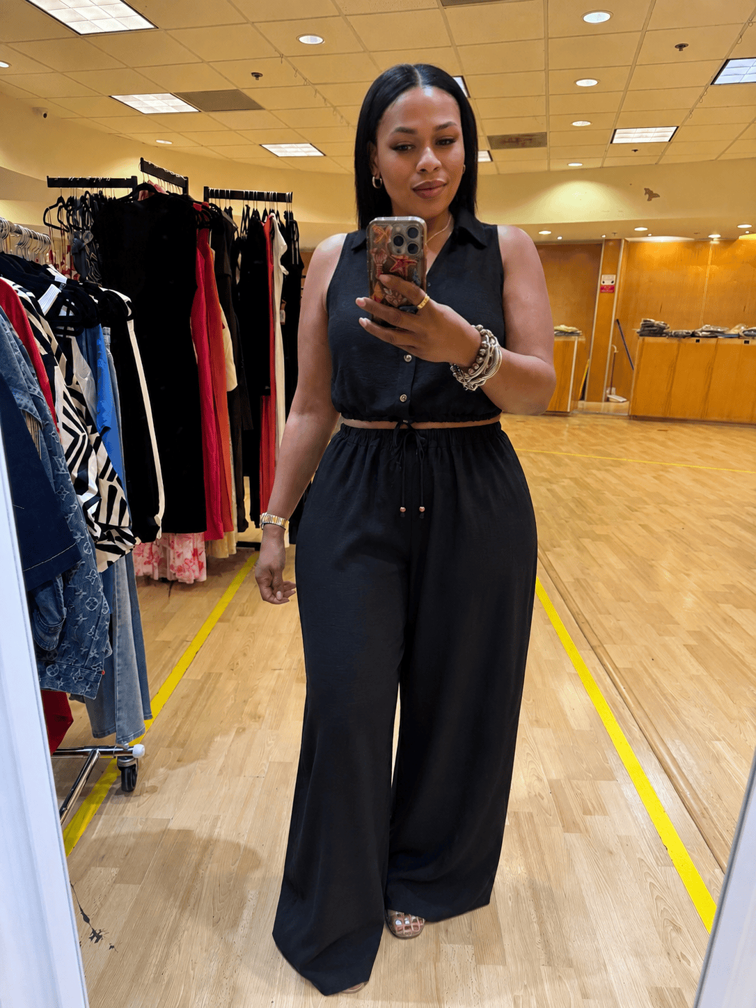 Button Front Vest & Elastic Pants Set (Black)