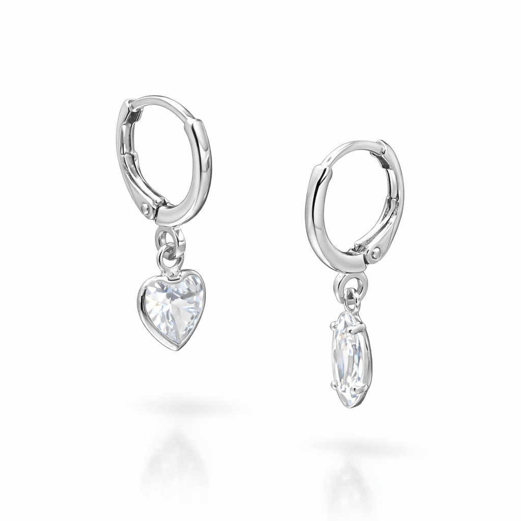 Heart Drop Huggie Earrings – White Gold Plated