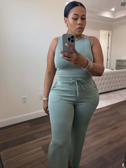 Sleeveless Waist Band Detail Jumpsuit (SAGE)