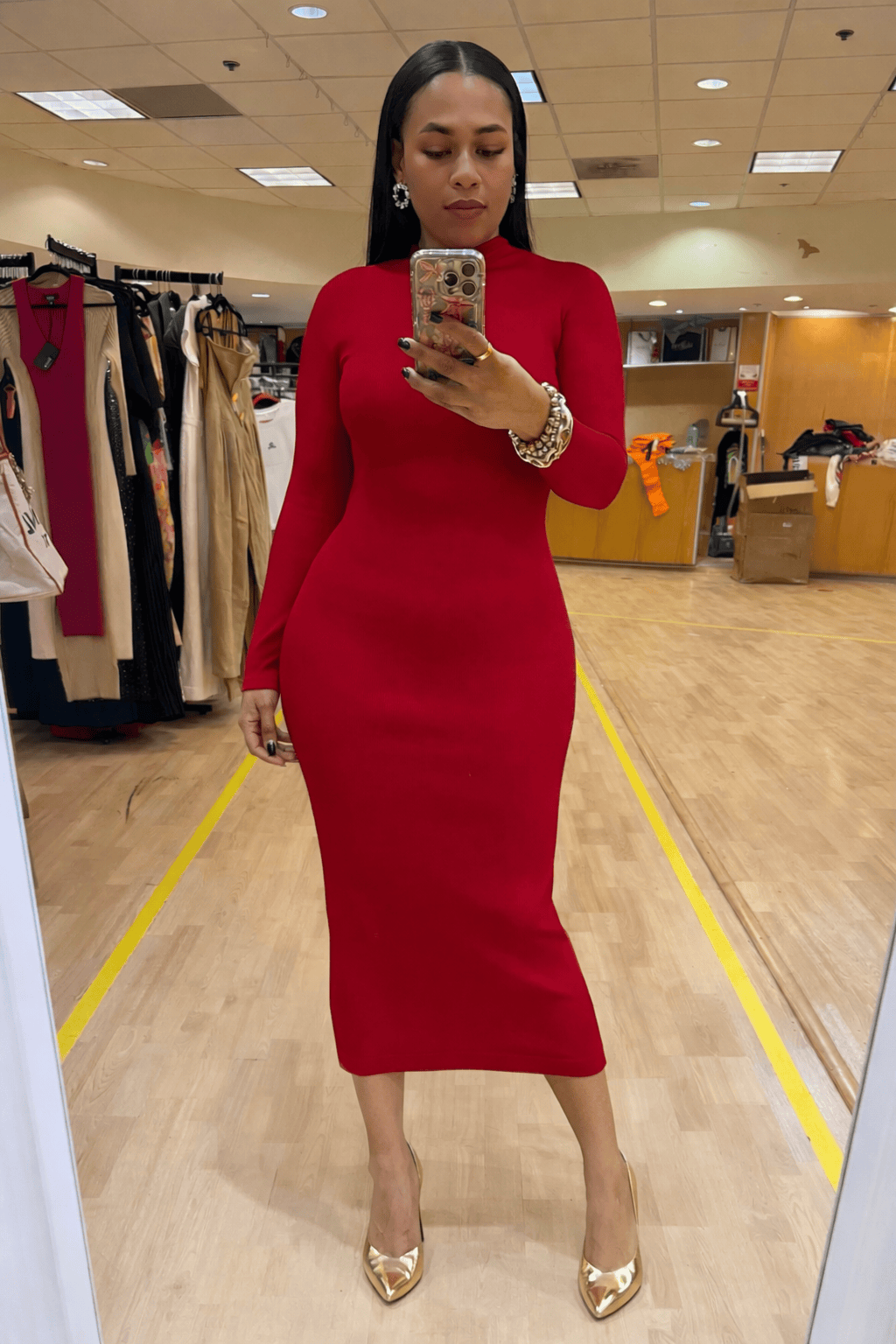 DOUBLE LAYERED MOCK NECK MIDI DRESS (RED)