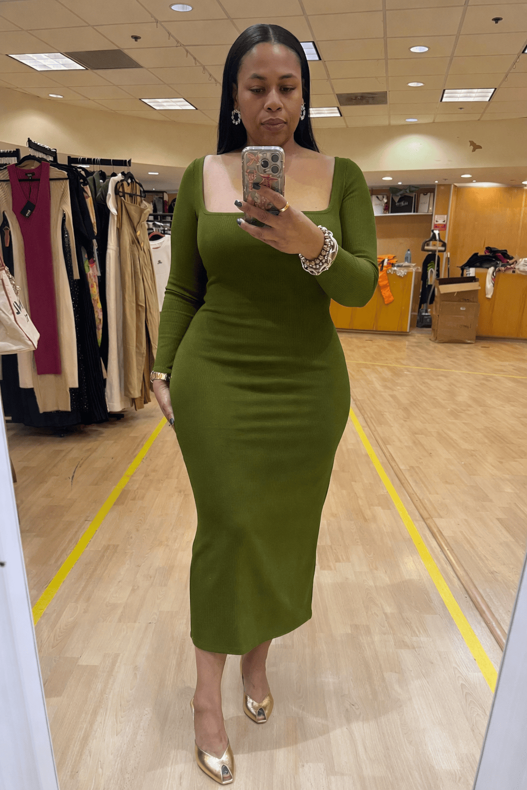 SQUARE NECK RIB LONG SLEEVE MAXI DRESS