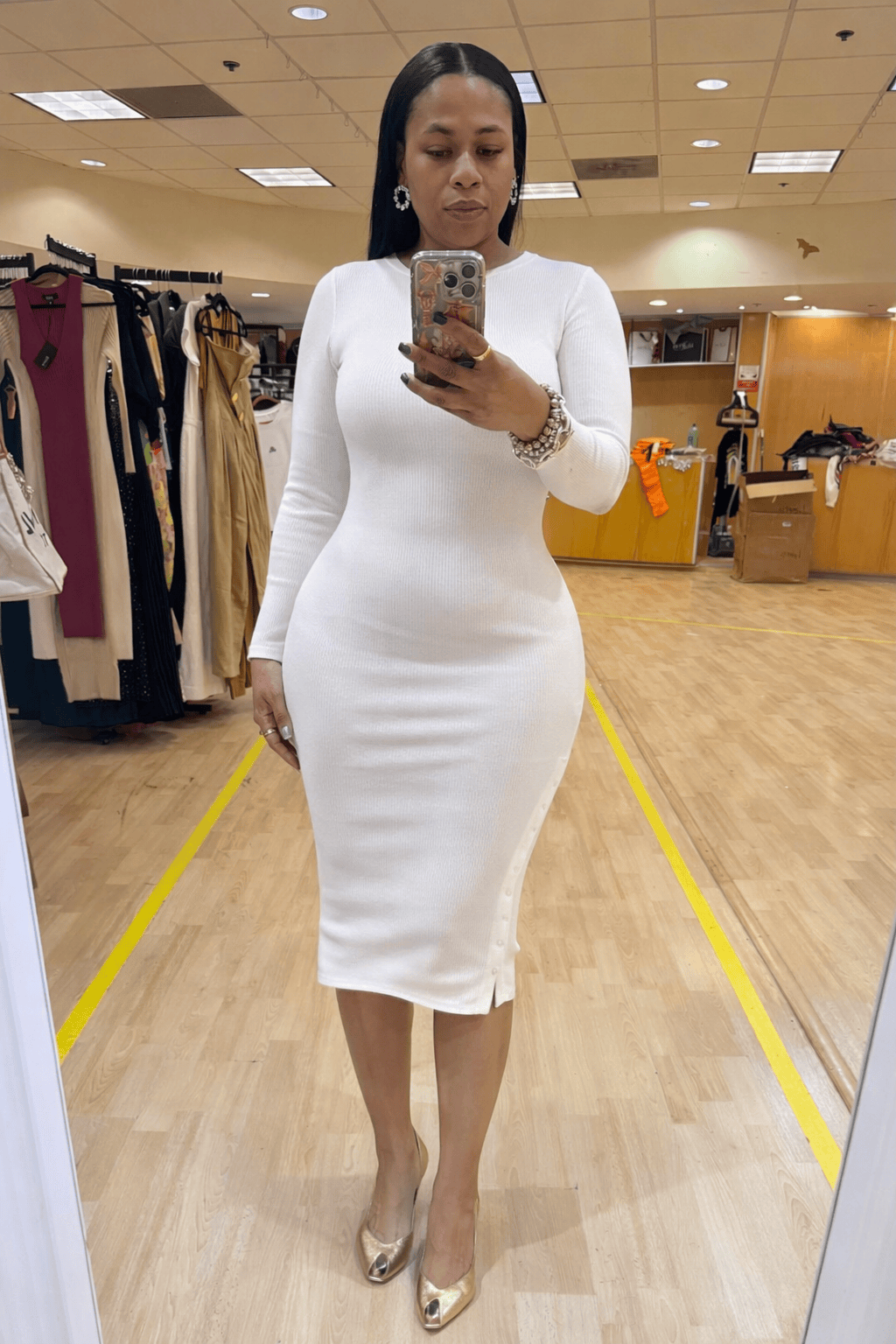 ONE SIDE BUTTON DOWN OPENABLE HEM MOCK NECK DRESS (WHITE)