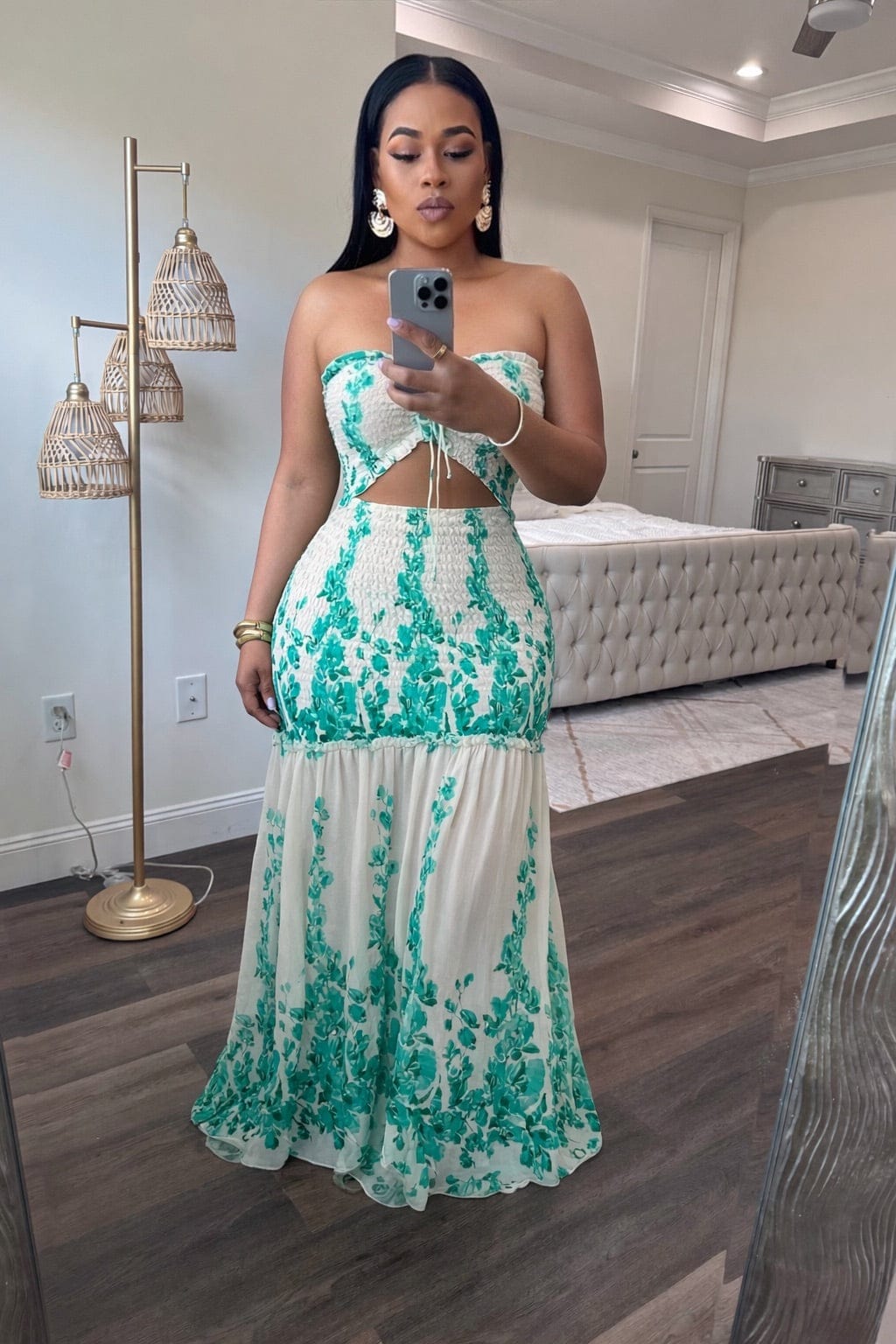 FLORAL SCRUNCH MAXI DRESS (Turquoise) Medium