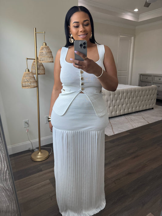 Vest And Pleated Maxi Skirt (White)