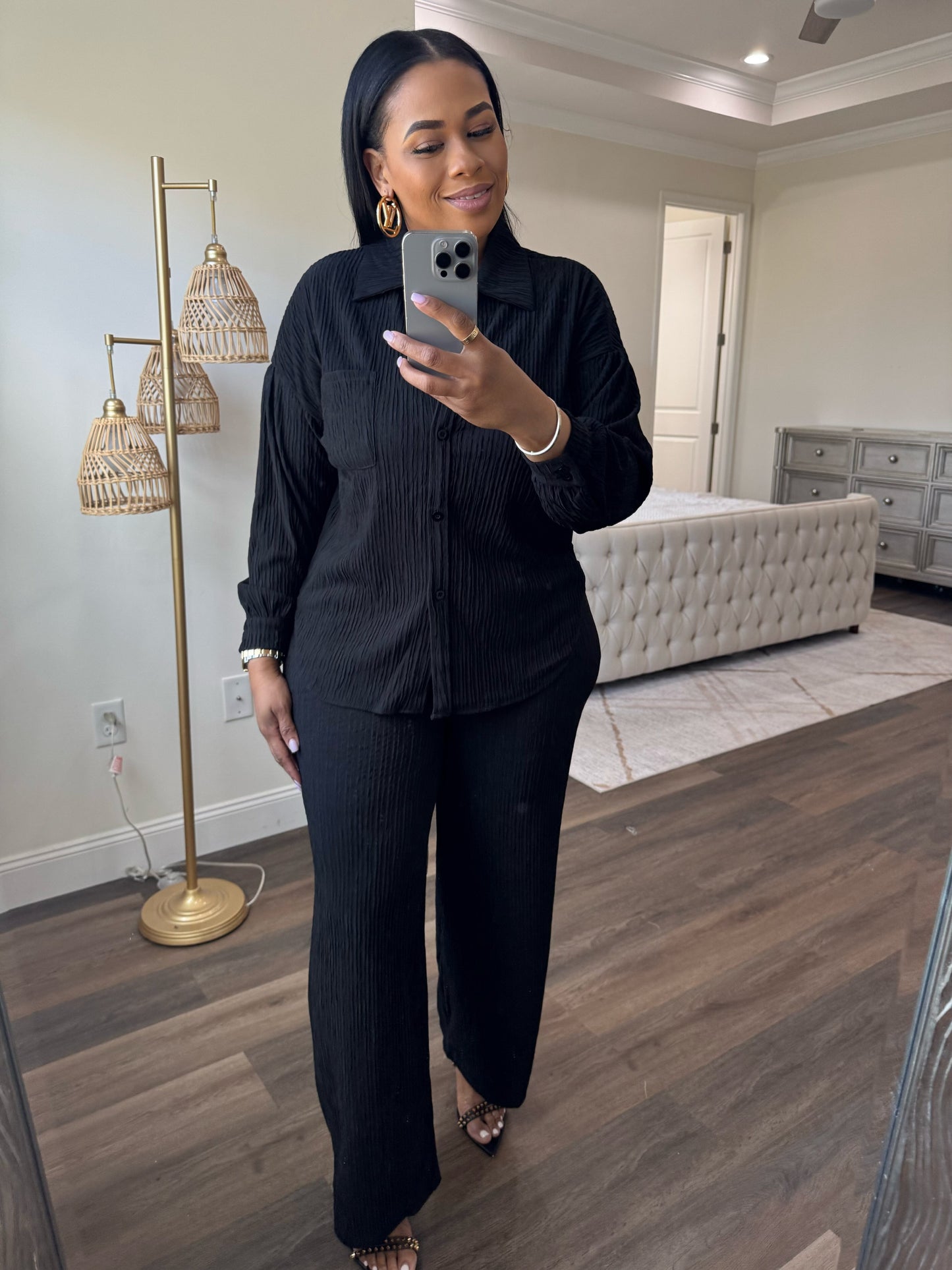 Crinkled Plisse Button Down Shirt Loungewear Set (BLACK)