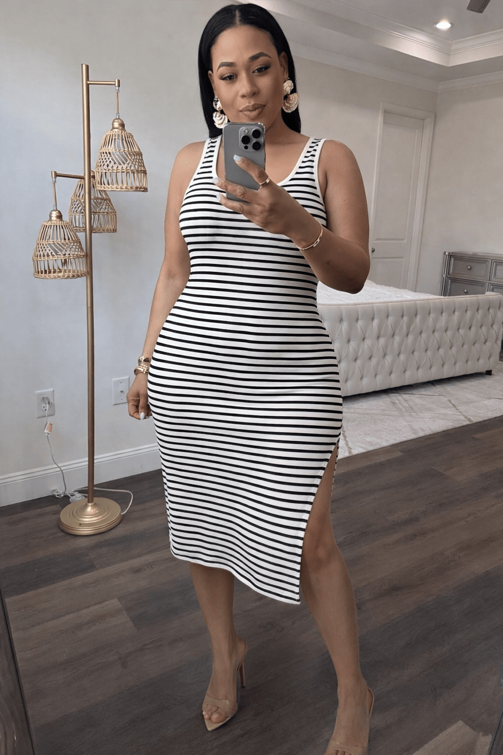 Ribbed Striped Midi Dress (WHITE/BLACK)