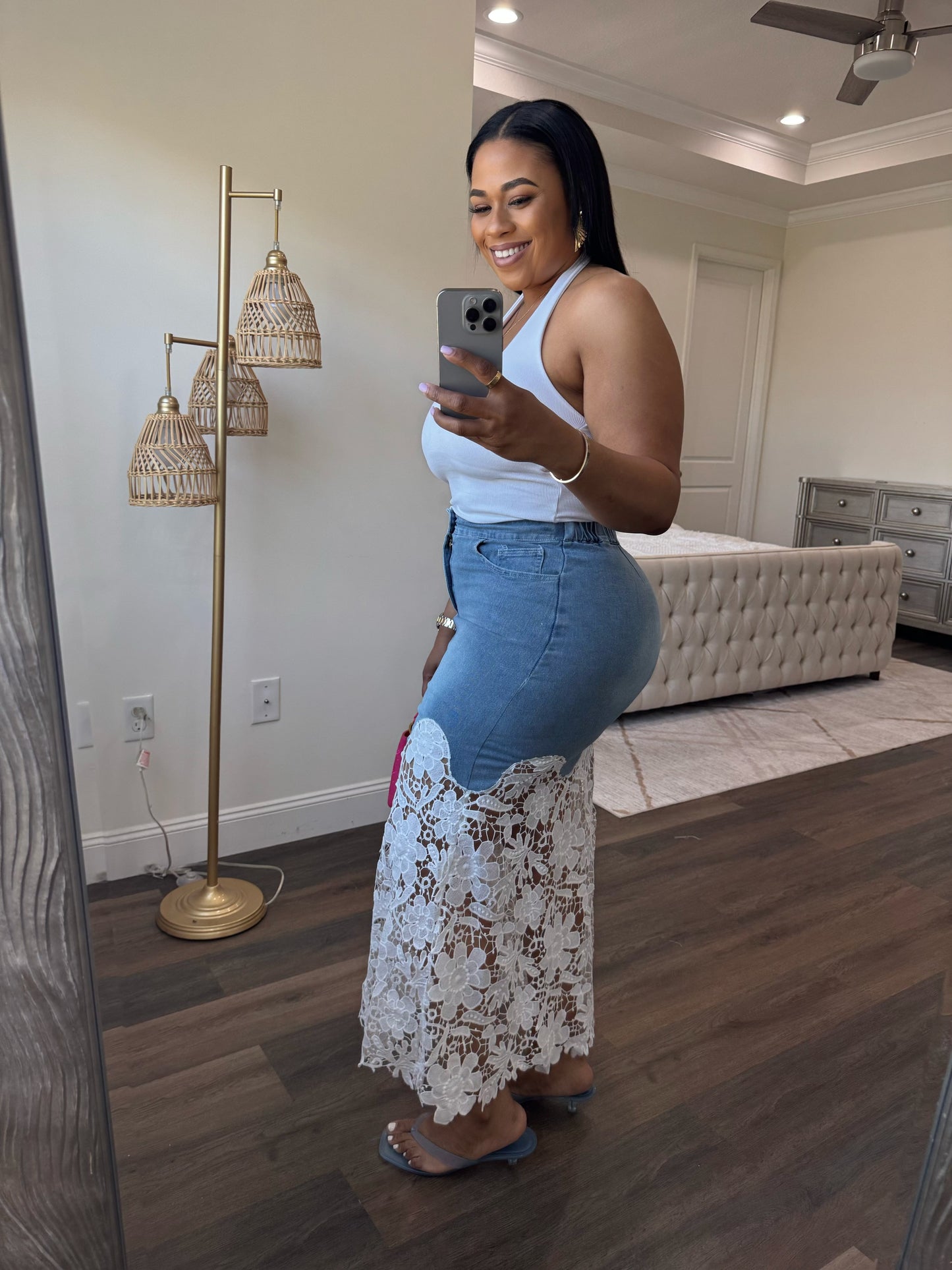 Lace Bottom Denim Skirt