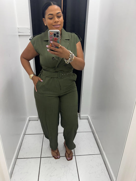Utility Double-Breasted Belted Jumpsuit