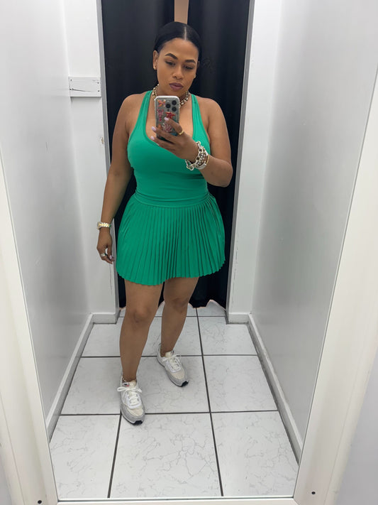 Women's Lux Racer Back Mini Pleated Tennis Dress with Cups (Emerald Green)