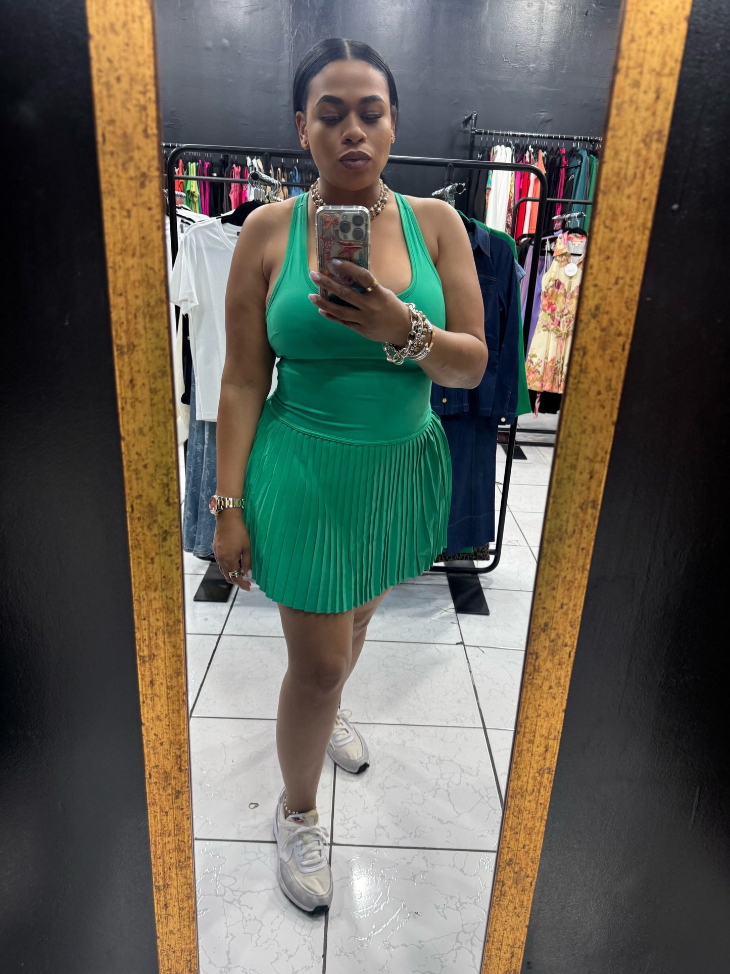 Women's Lux Racer Back Mini Pleated Tennis Dress with Cups (Emerald Green)