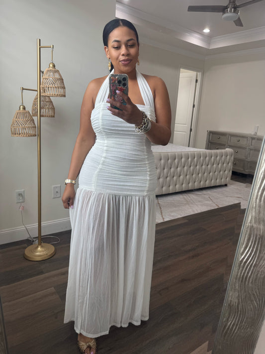 RUCHED MESH HALTER DRESS (White)
