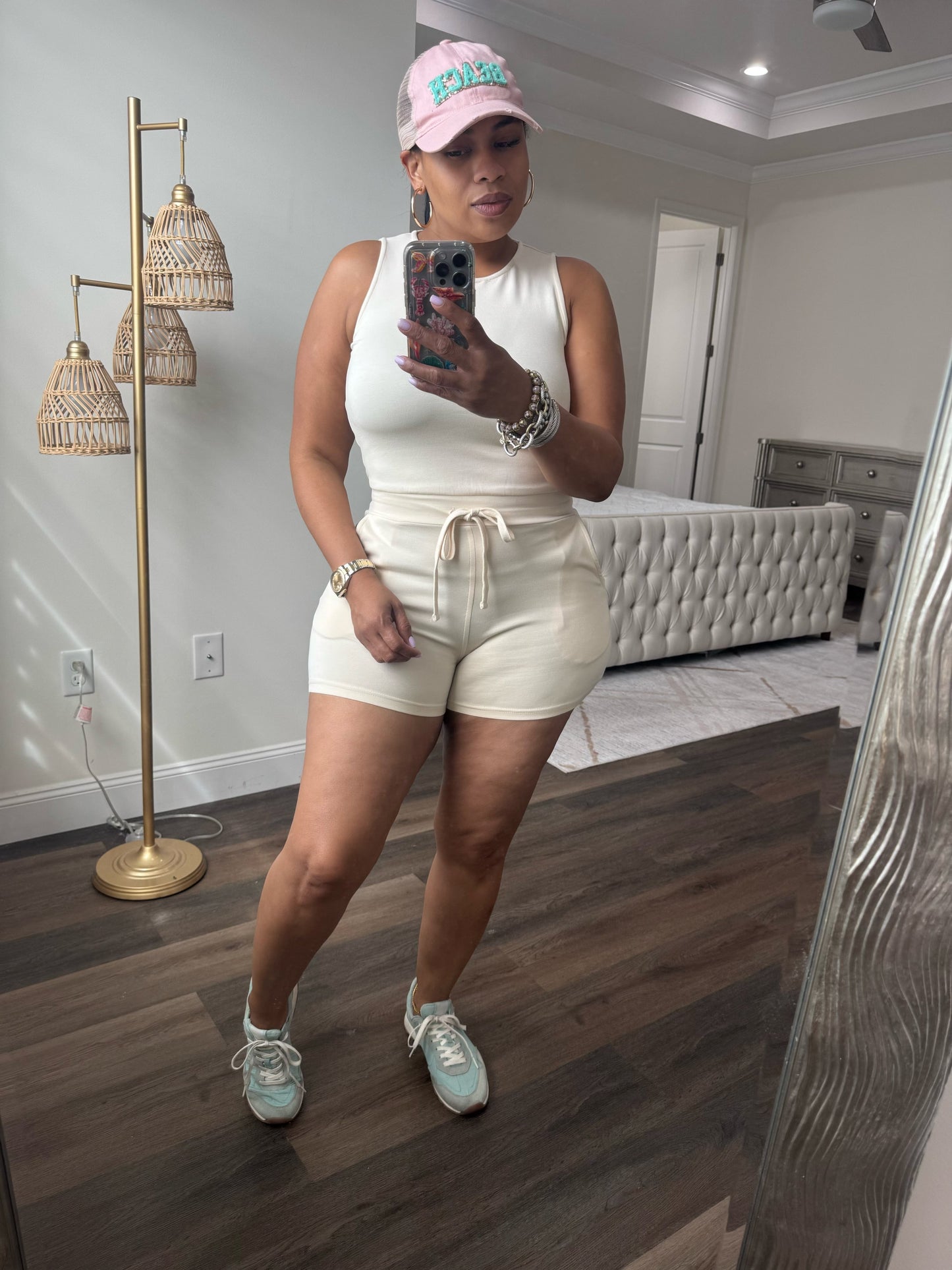 Drawstring Waist Sleeveless Romper (CREAM)