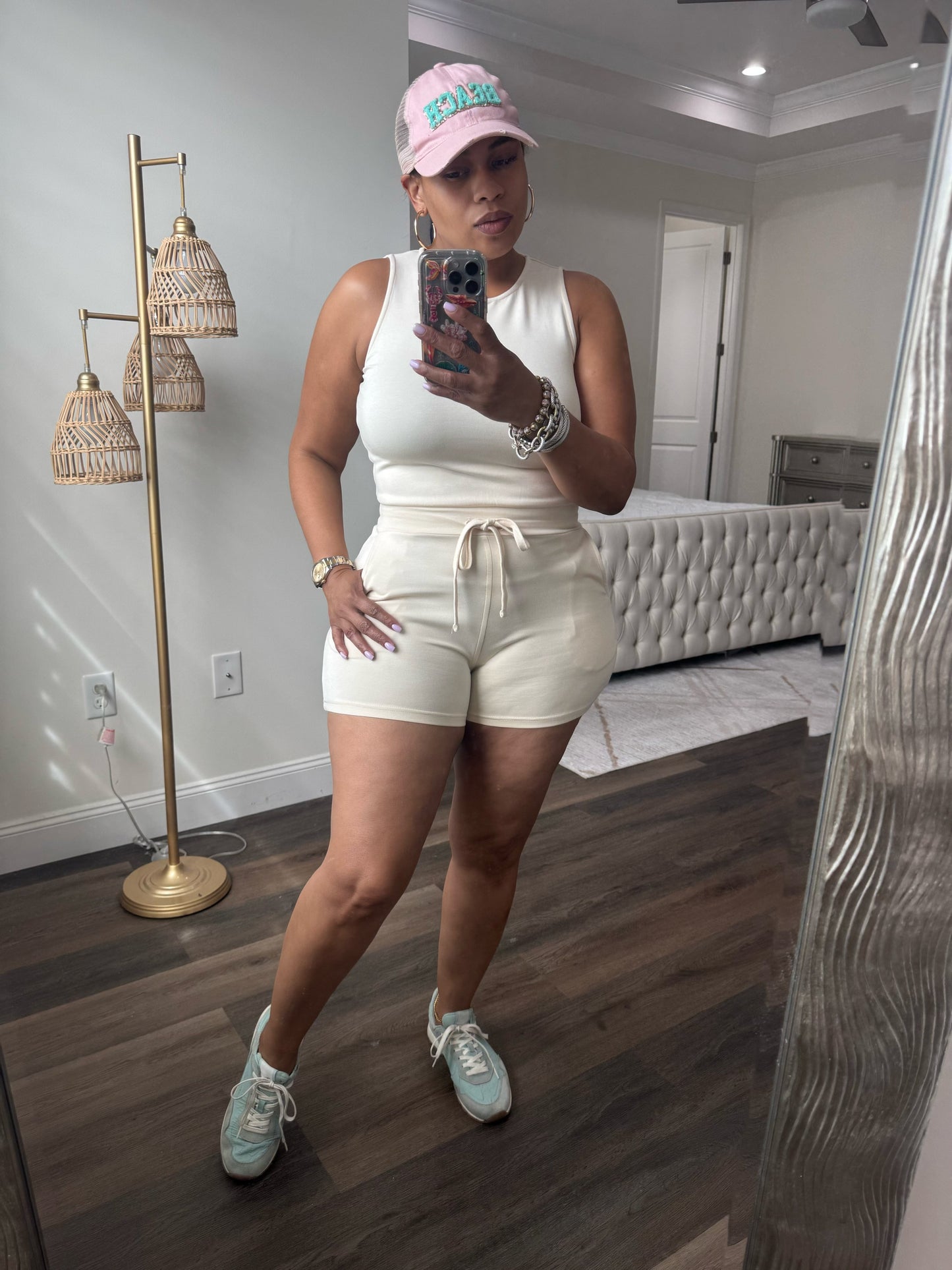 Drawstring Waist Sleeveless Romper (CREAM)