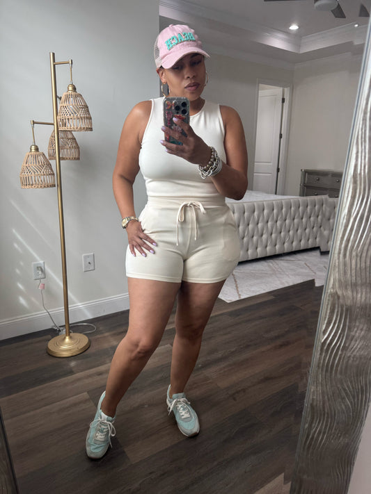 Drawstring Waist Sleeveless Romper (CREAM)