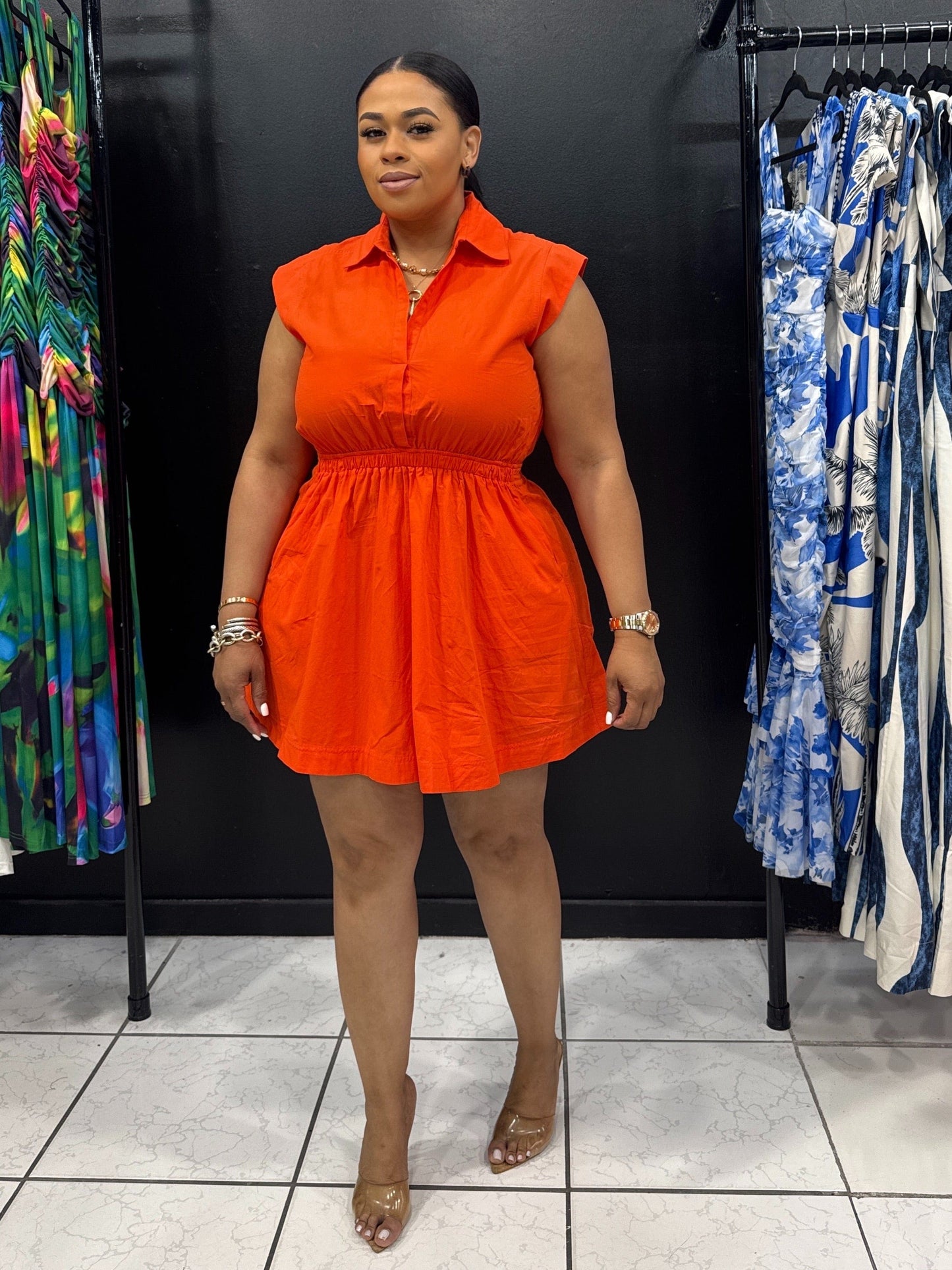 Flirty Collared Mini Dress (Tomato Orange)